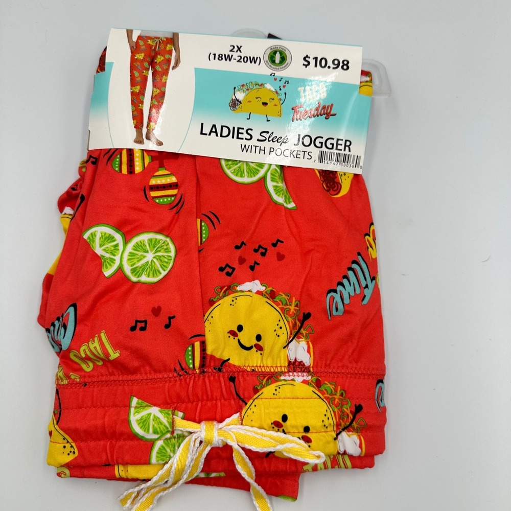 Briefly Stated Taco Tuesday Ladies Sleep Jogger Red Graphic Pajama Pants 2X NWT